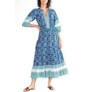 Hatley Blue Boho Midi Maxi Dress Flowy Tiered Tassle Size S Cottage Prairie